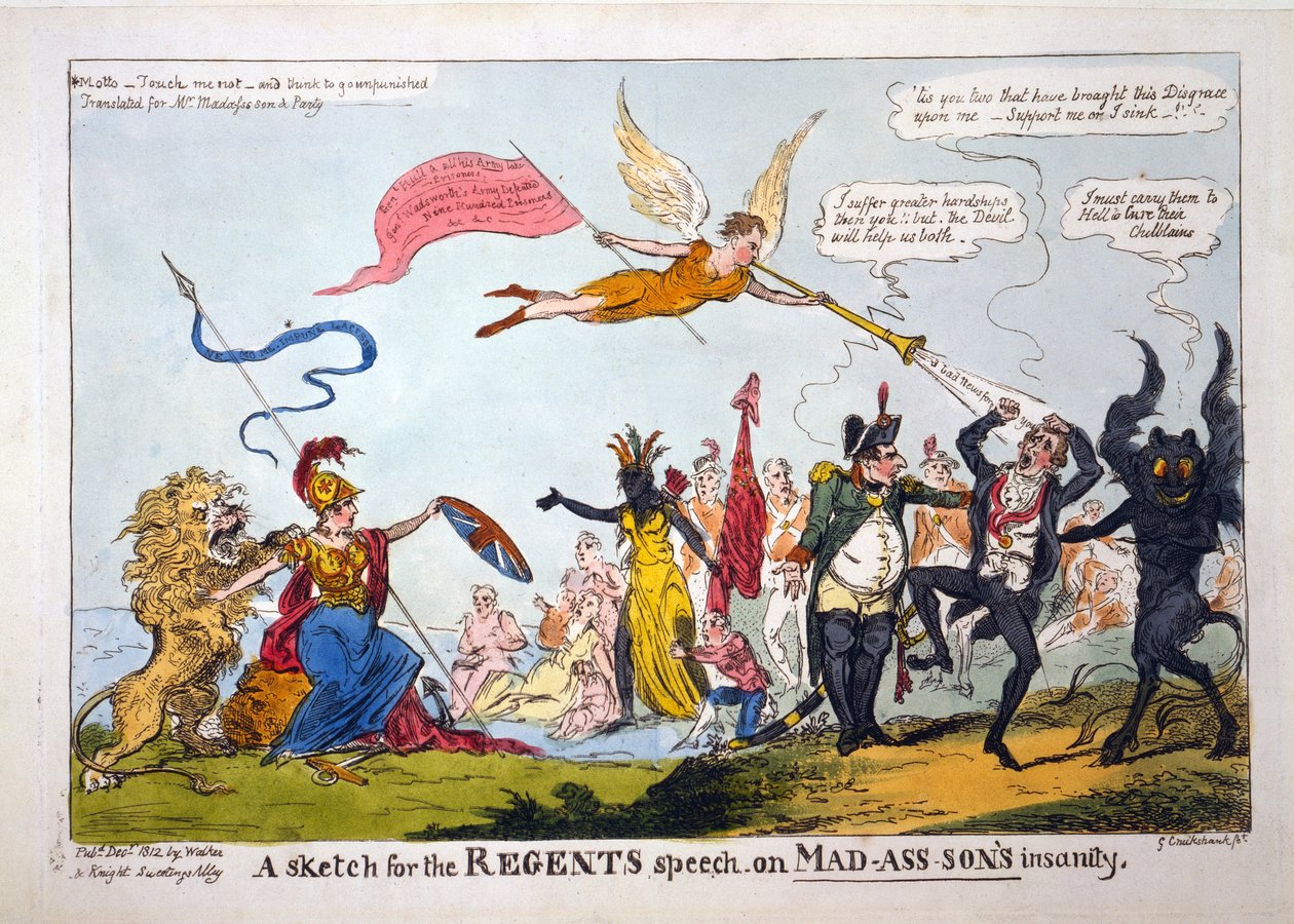 En skiss för regenternas tal om Mad-Ass-Sons galenskap, pub. 1812 (handfärgad gravyr) av George Cruikshank