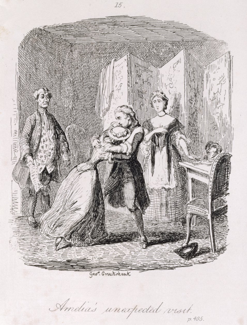 Amelias oväntade besök, från "Amelia", graverad av konstnären, illustration från "The Works of Henry Fielding", pub. av Henry G. Bohn, 1853 av George Cruikshank