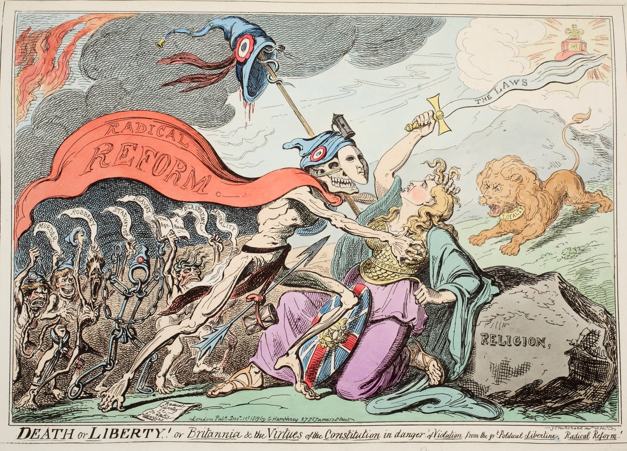 Död eller frihet! Or Britannia und the Virtues of the Constitution in danger of Violation från den store politiska libertinisten, Radical Reform!, pub. 1819 (handkolorerad etsning) av George Cruikshank