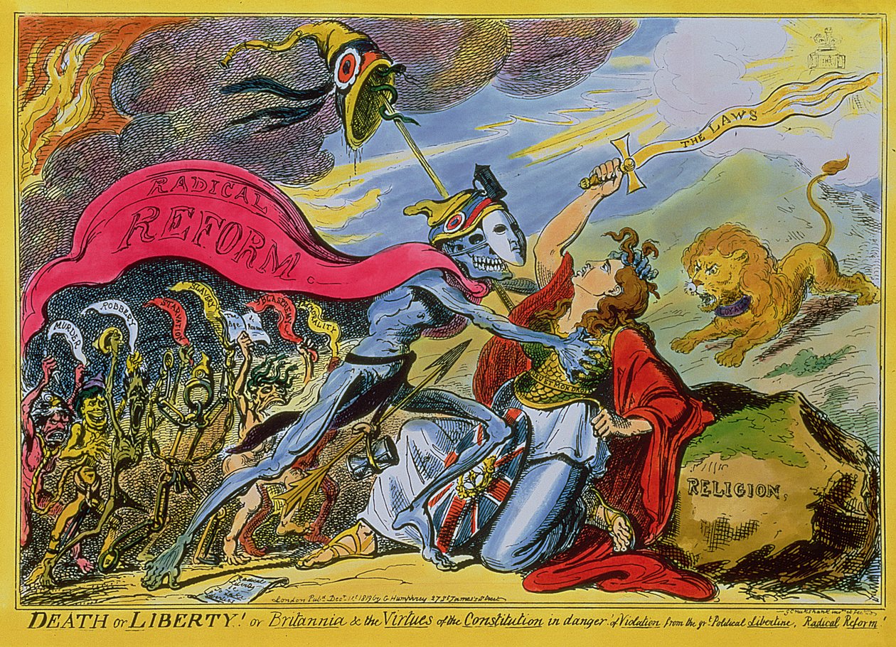 "Death or Liberty! or, Britannia and the Virtues of the Constitution in Danger of Violation from the Great Political Libertine, Radical Reform", utgiven av H. Humphrey, 1819 (färgad etsning). av George Cruikshank