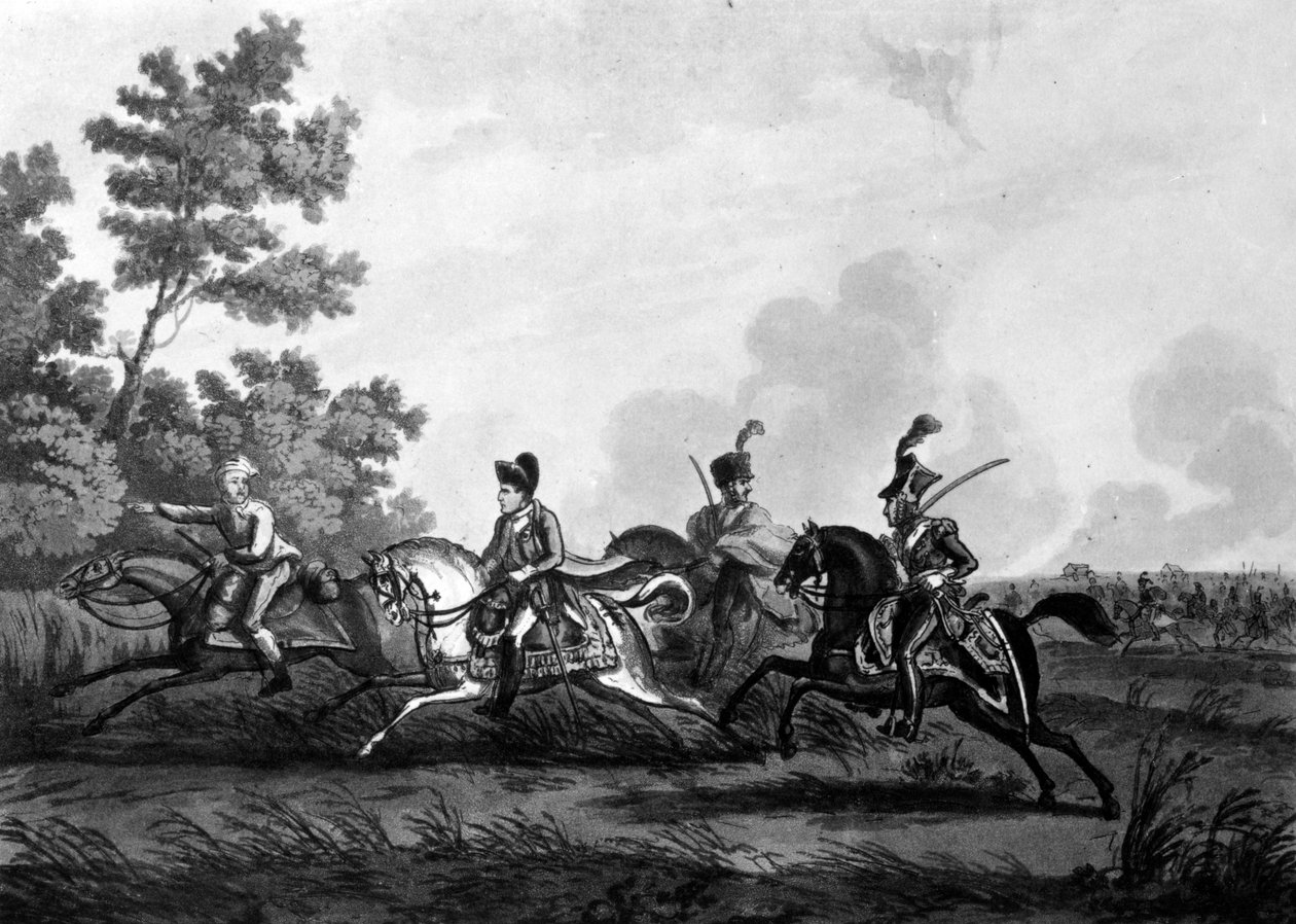 Flight of Bonaparte från Field of Waterloo åtföljd av hans guide, 1816 av George Cruikshank