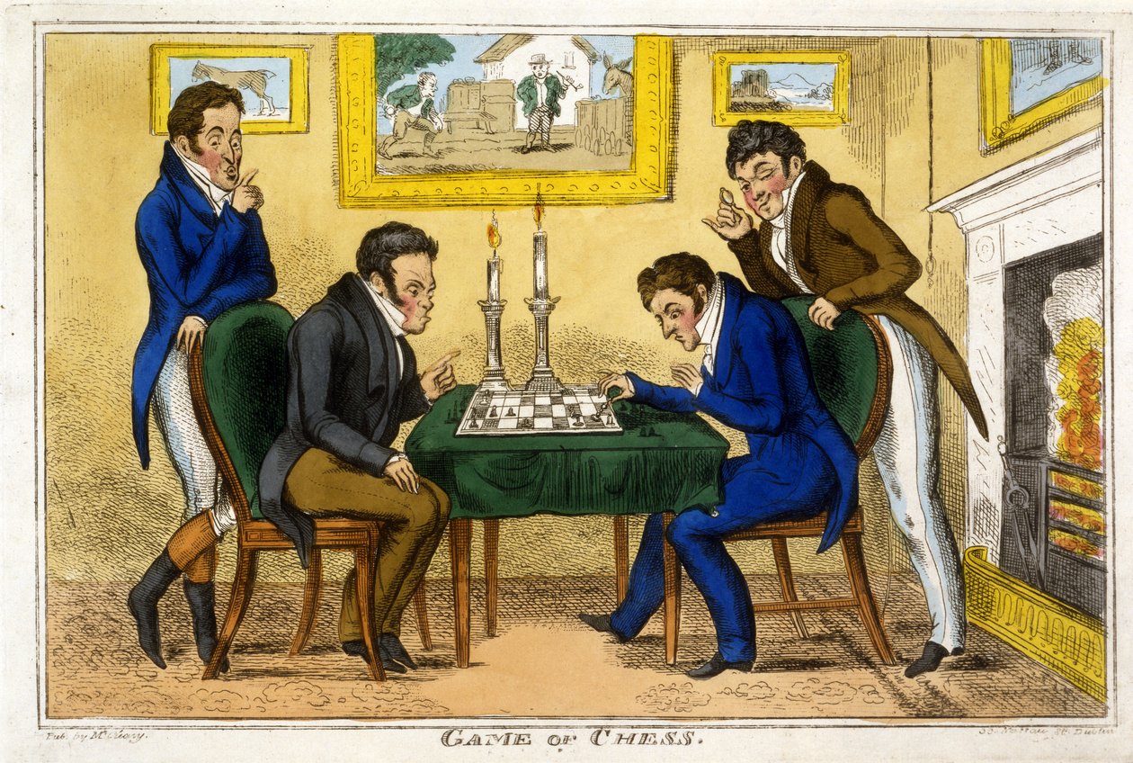 Game of Chess, pub. McCleary, Dublin, 1819 (handkolorerad gravyr) av George Cruikshank