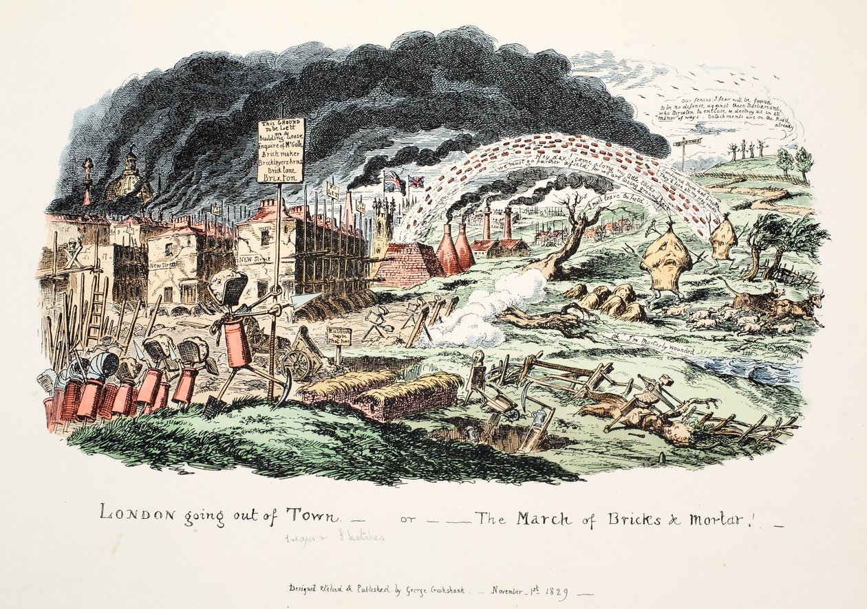 London på väg ut ur staden eller "The March of Bricks and Mortar", 1829 (handkolorerat gravyr) av George Cruikshank