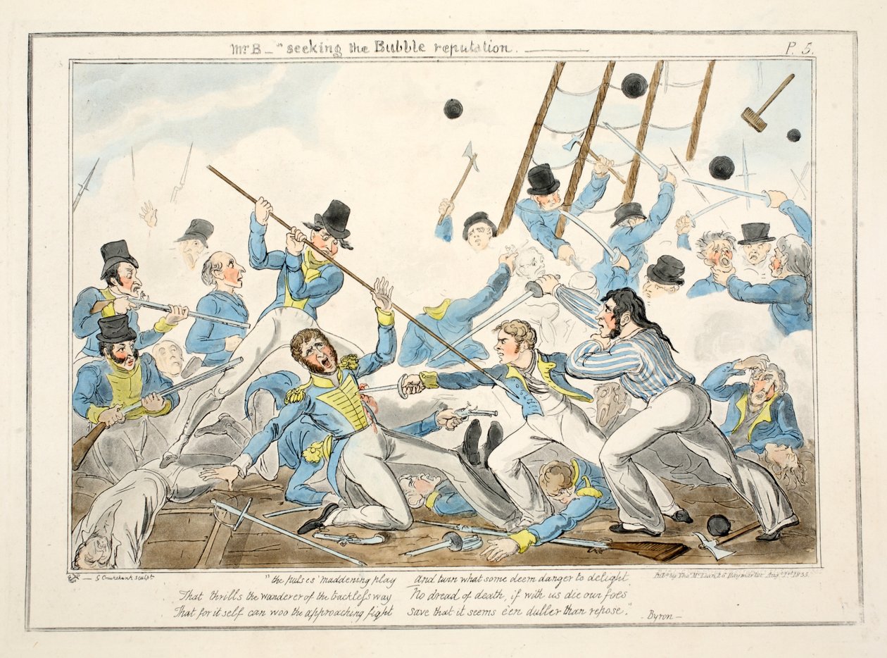 Mr B - Seeking the Bubble reputation, från The Progress of a Midshipman, 1835 (handkolorerat gravyr) av George Cruikshank