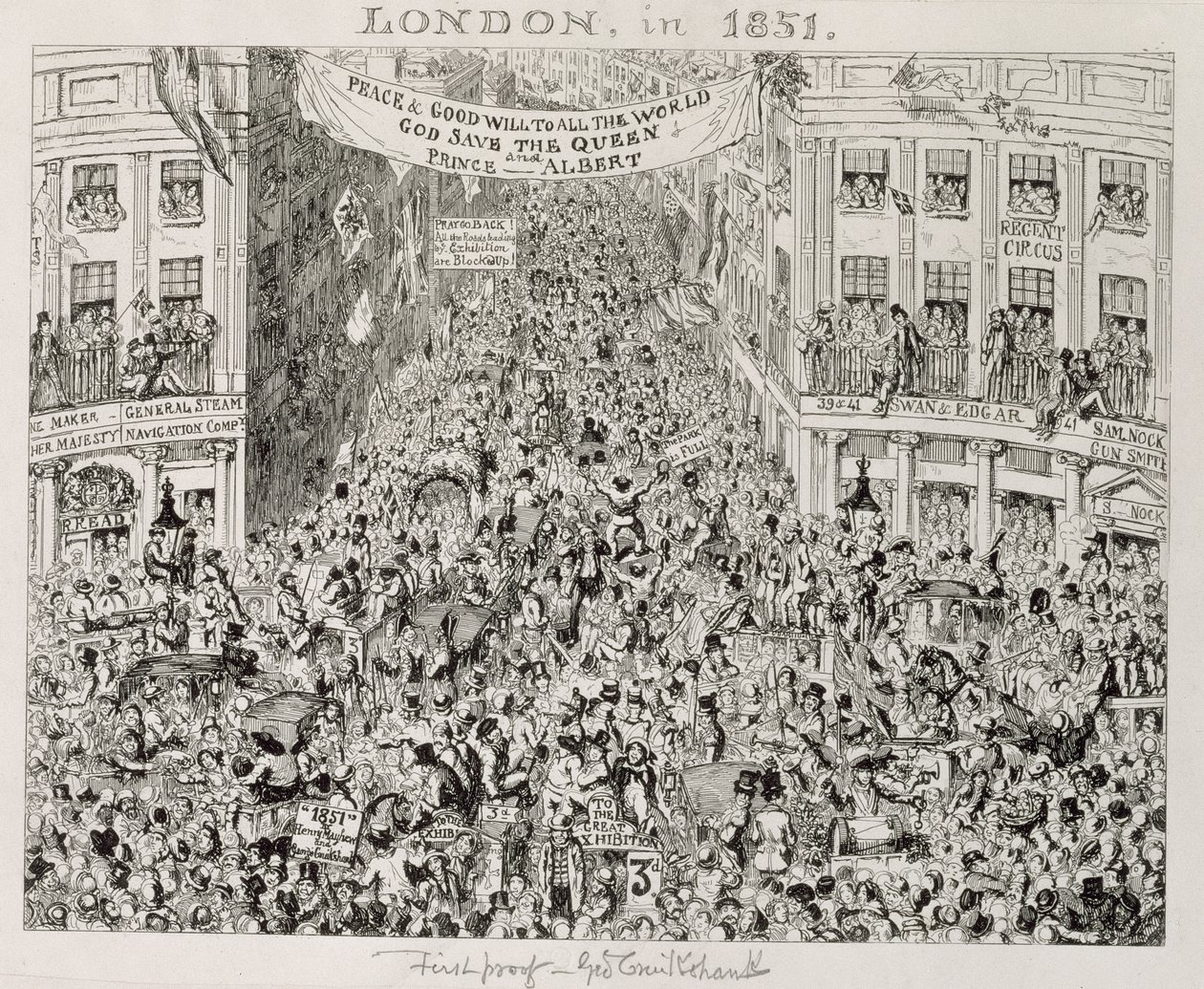 Piccadilly under den stora utställningen, 1851 av George Cruikshank