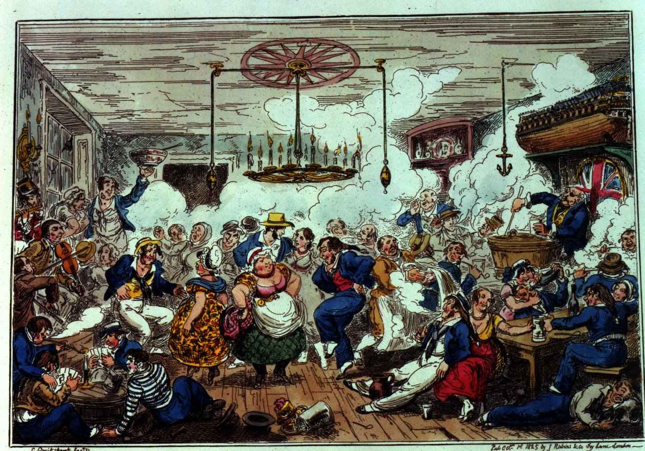 Sailors Carousing, eller en pip i det långa rummet, publicerad av James Robins und Co., 1 oktober 1825 (färgad etsning) av George Cruikshank