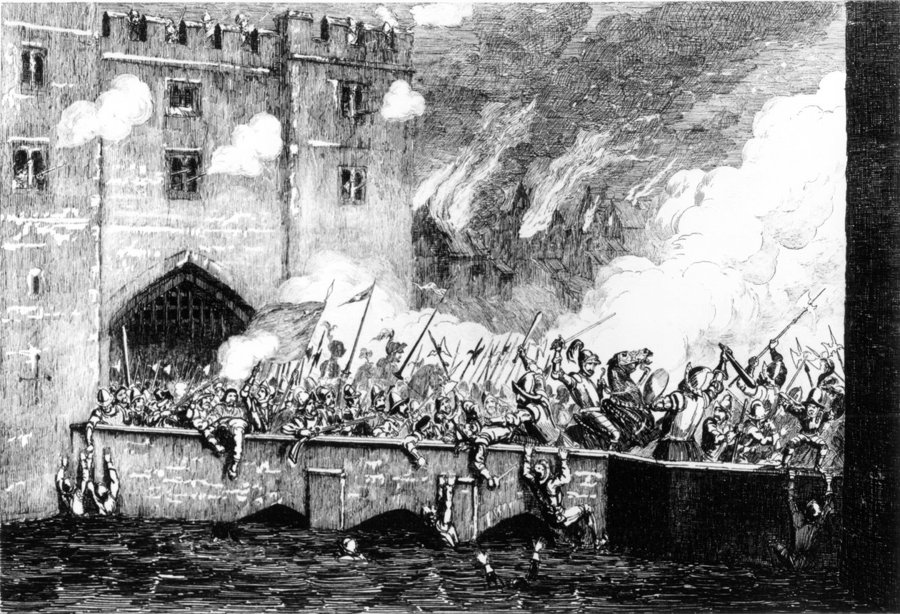 Sir Thomas Wyatt (ca 1521-54) attackerar det byward tornet av George Cruikshank