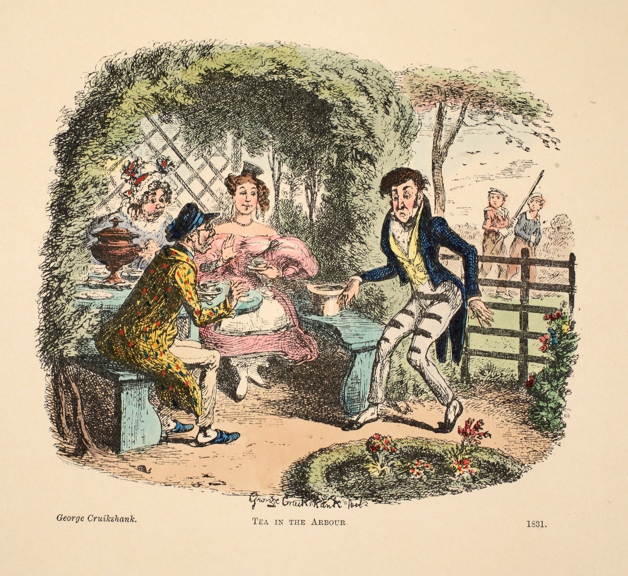 Tea in the Arbour, pub. 1831 (handfärgad gravyr) av George Cruikshank