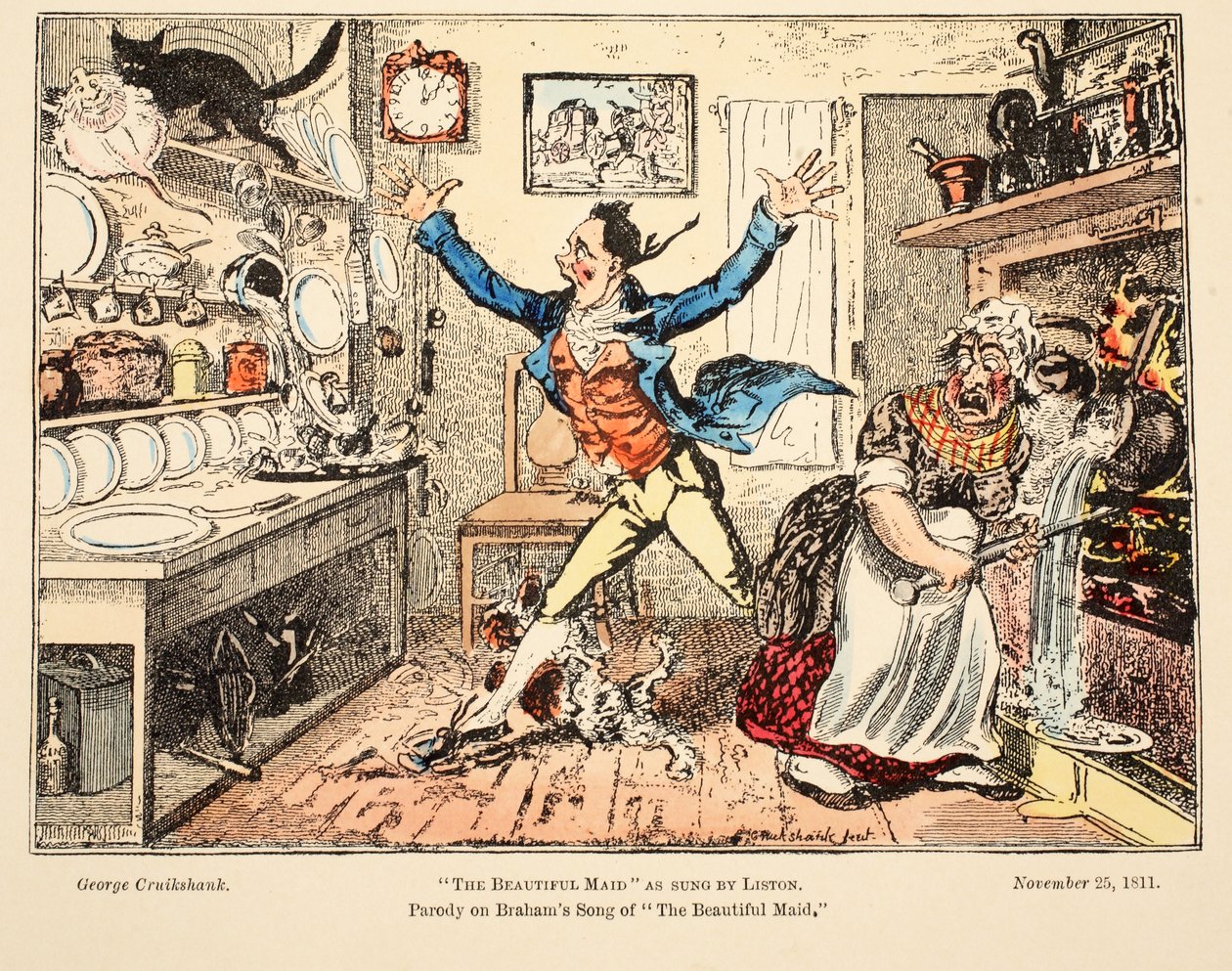 The Beautiful Maid som sjungs av Liston, pub. 1811 (handfärgad gravyr) av George Cruikshank