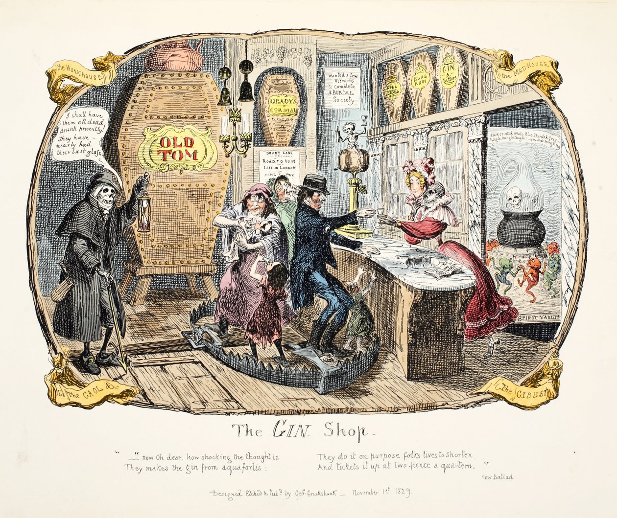 The Gin Shop, pub. 1829 (handfärgad gravyr) av George Cruikshank