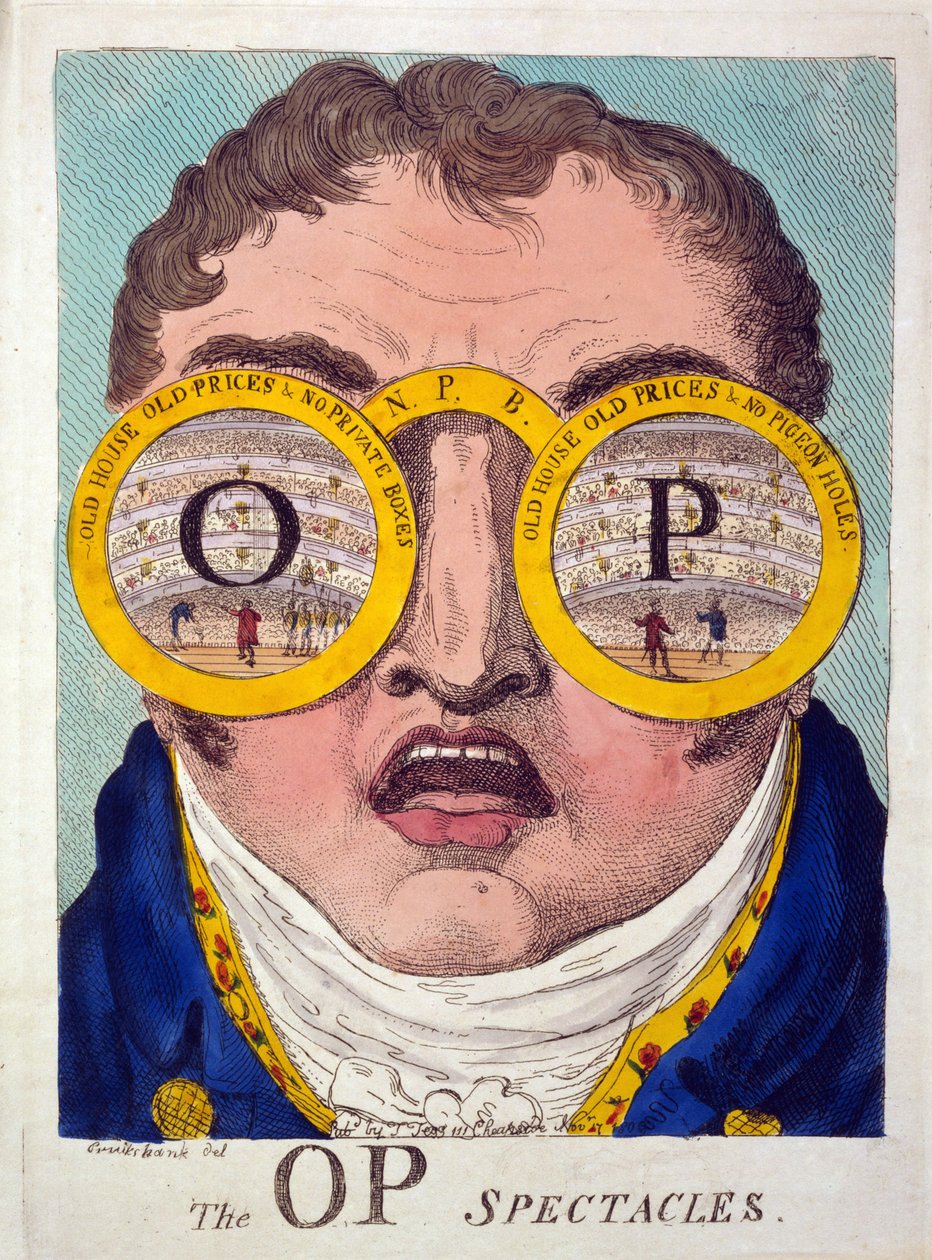OP Spectacles, pub. 1809 (handfärgad etsning) av George Cruikshank