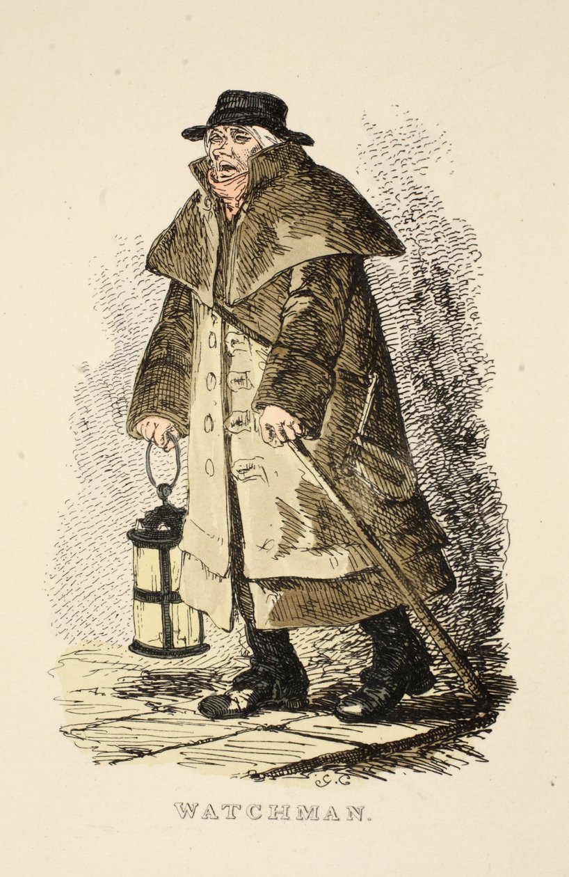Watchman från The Gentlemans Pocket Magazine, publicerat i. 1827 (handkolorerad gravyr) av George Cruikshank