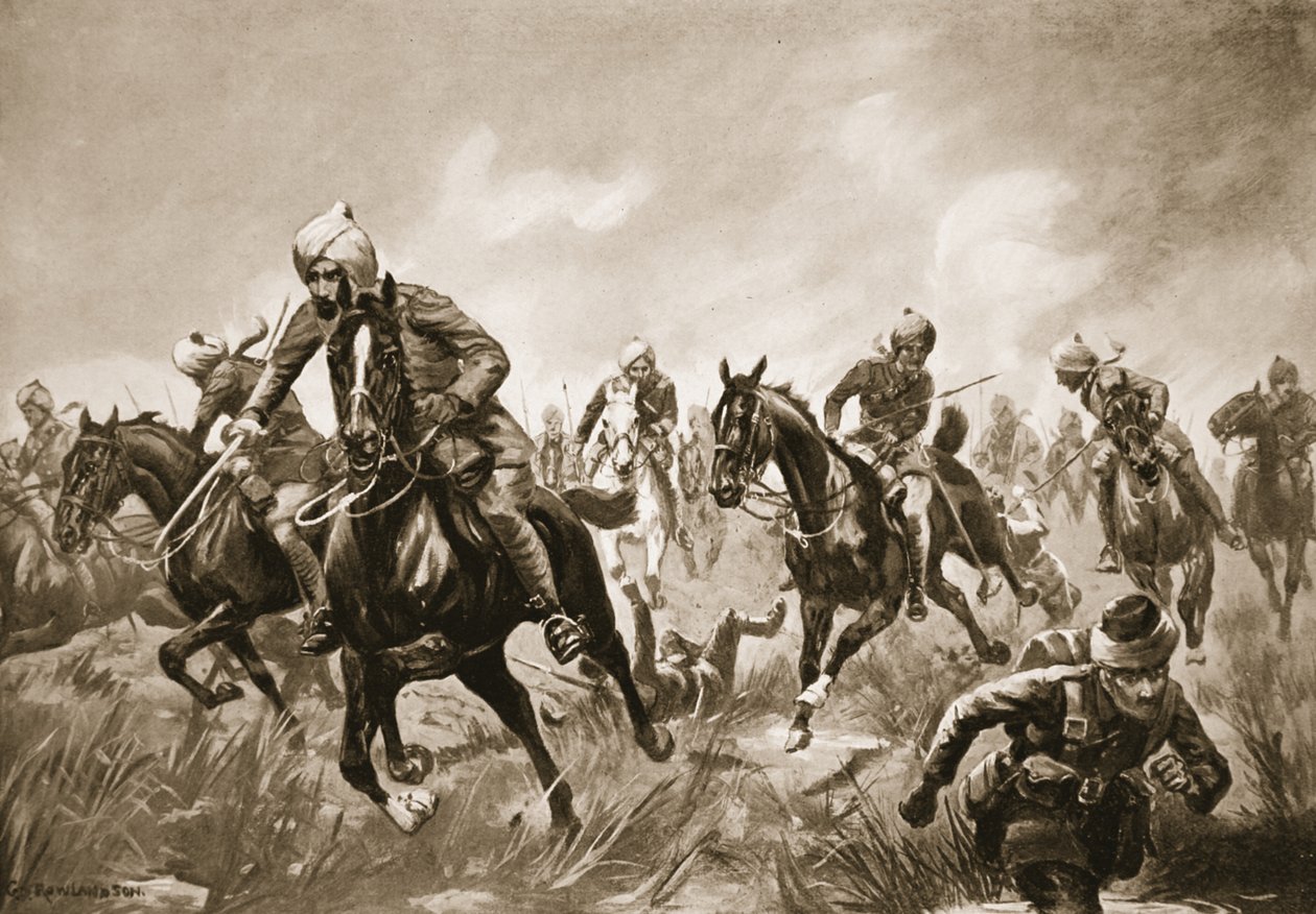Jemadar Ram-Karan leder sin trupp under tung gevärseld mot fienden som drar sig tillbaka. av George Derville Rowlandson