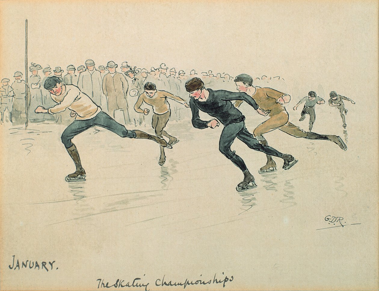 Januari månad: Skridskoåkning (penna och bläck och wc på papper) av George Derville Rowlandson