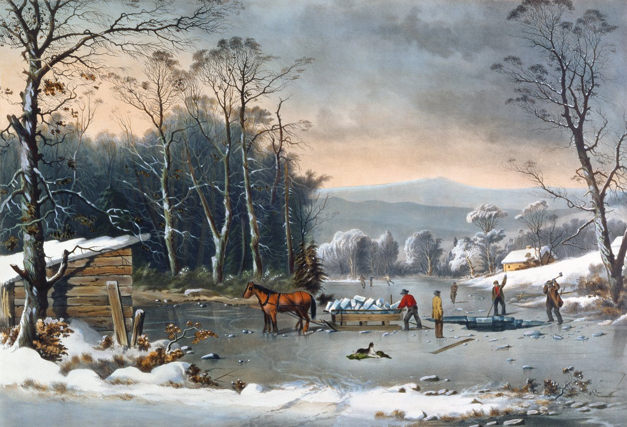 Winter in the Country, Getting Ice, utgiven av Currier and Ives, New York, 1864. av George Henry Durrie