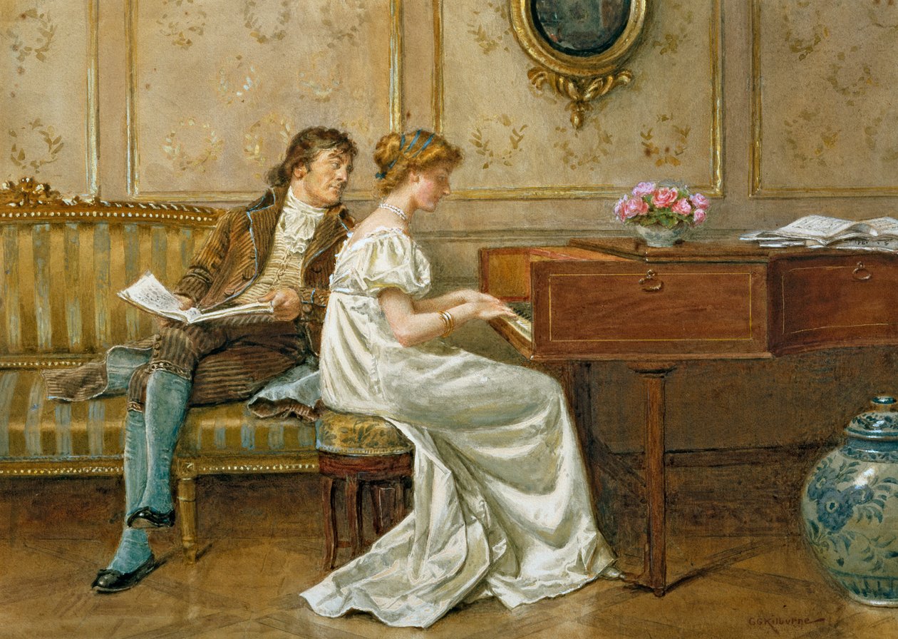 The New Spinet (penna, wc och gouache på papper) av George Goodwin Kilburne