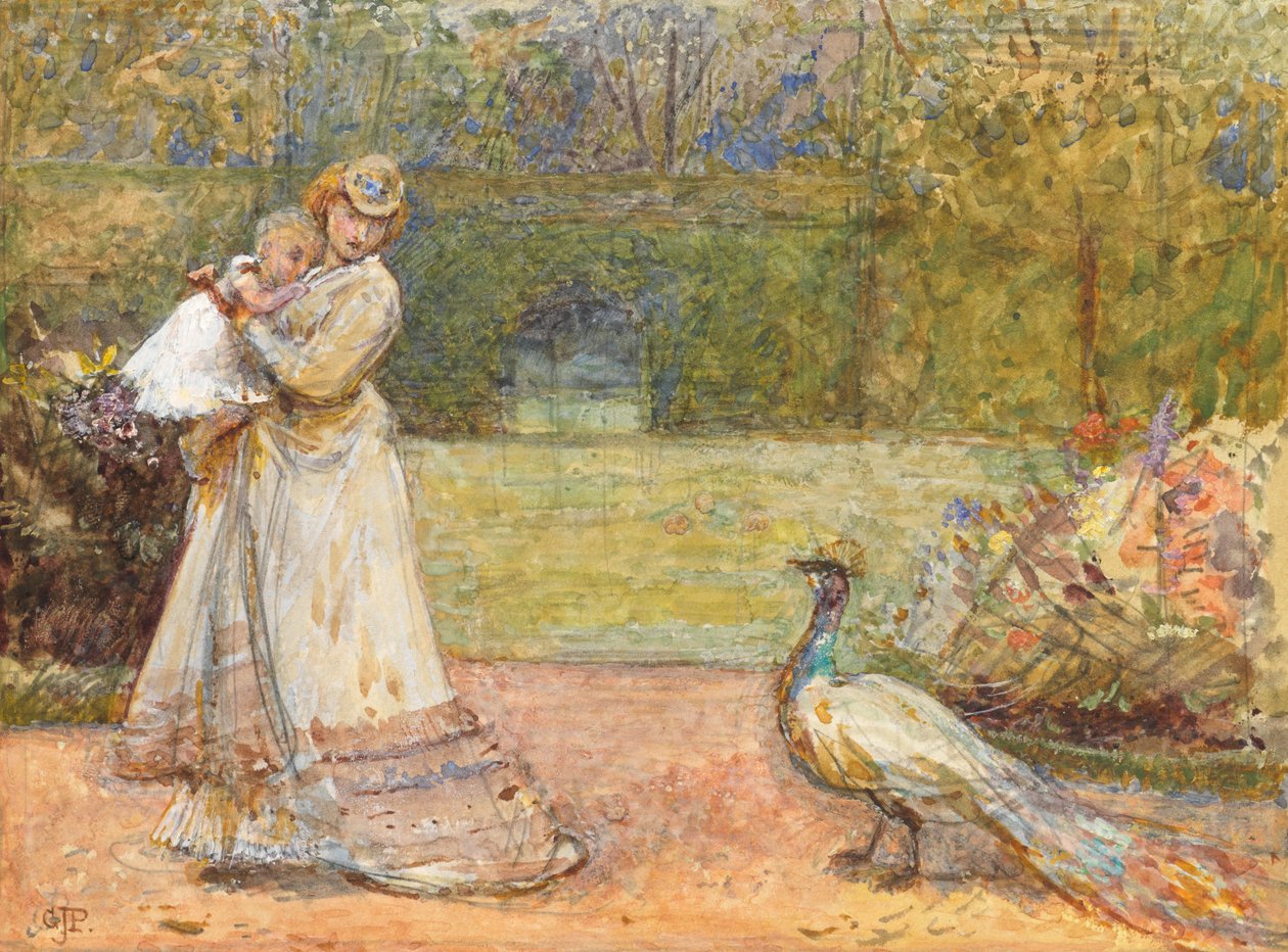 Lady and a Peacock (penna och wc med vit färg på papper) av George John Pinwell