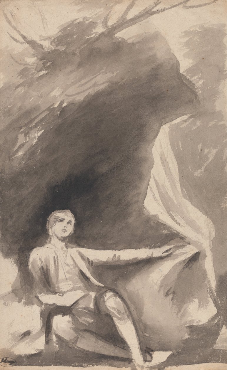 Pojke sitter under en sten av George Romney