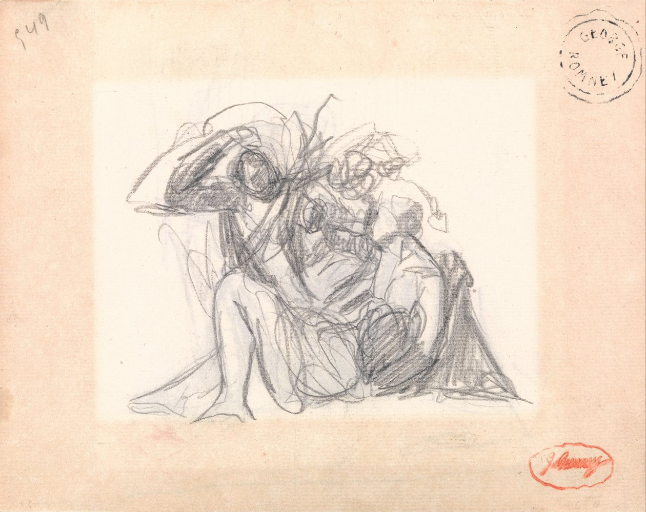 Oidentifierat ämne- liggande kvinna och andra figurer av George Romney