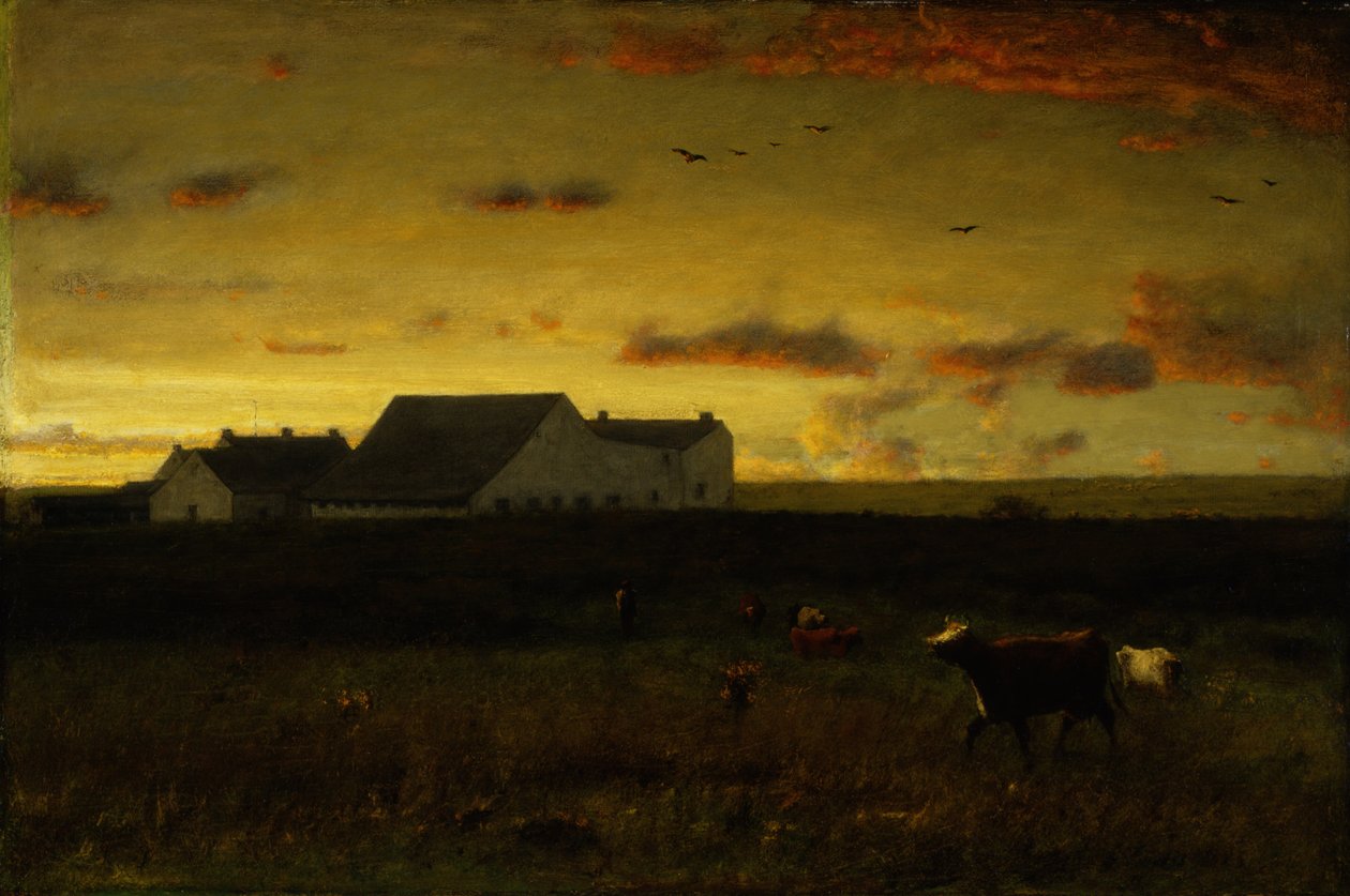 Gårdslandskap, boskap i betesmark, solnedgång, Nantucket, c.1883 av George Inness