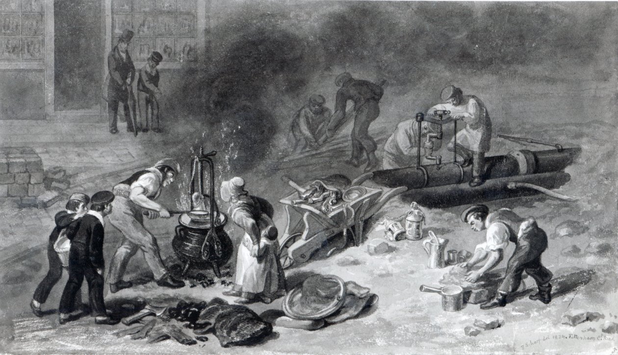 The Laying of the Water-Main i Tottenham Court Road, 1834 (akvarell på papper) av George Snr Scharf
