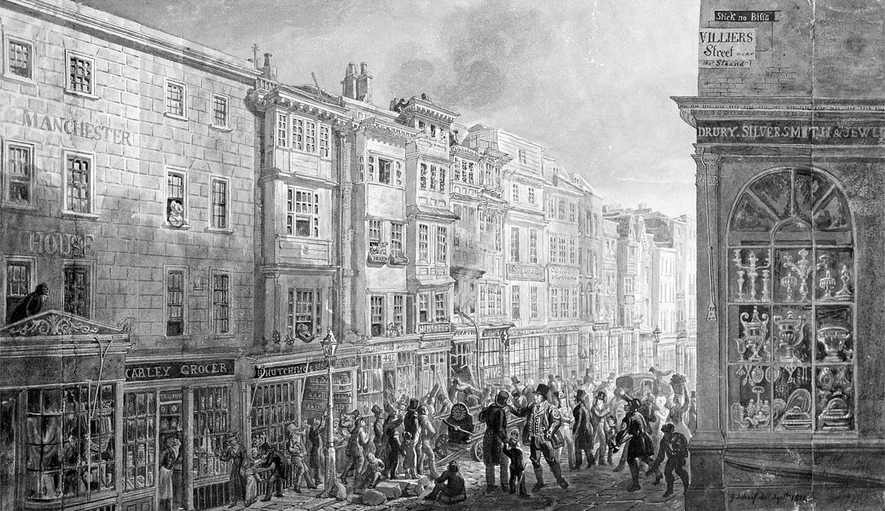 Stranden från hörnet av Villiers Street, 1824 (wc på papper) av George Snr Scharf