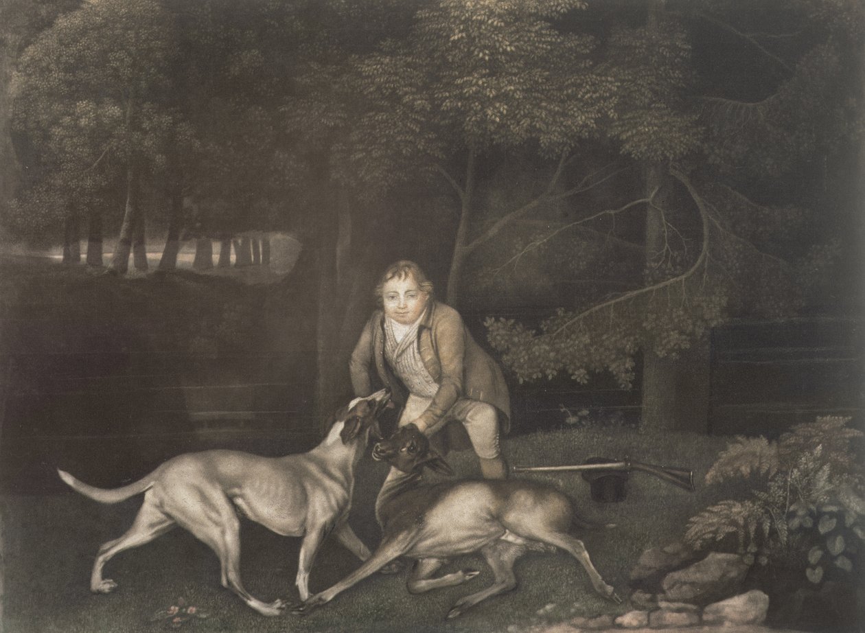 Freeman, Keeper to the Earl of Clarendon, med en hund och en sårad doe, 1804 (mezzotint) av George Stubbs