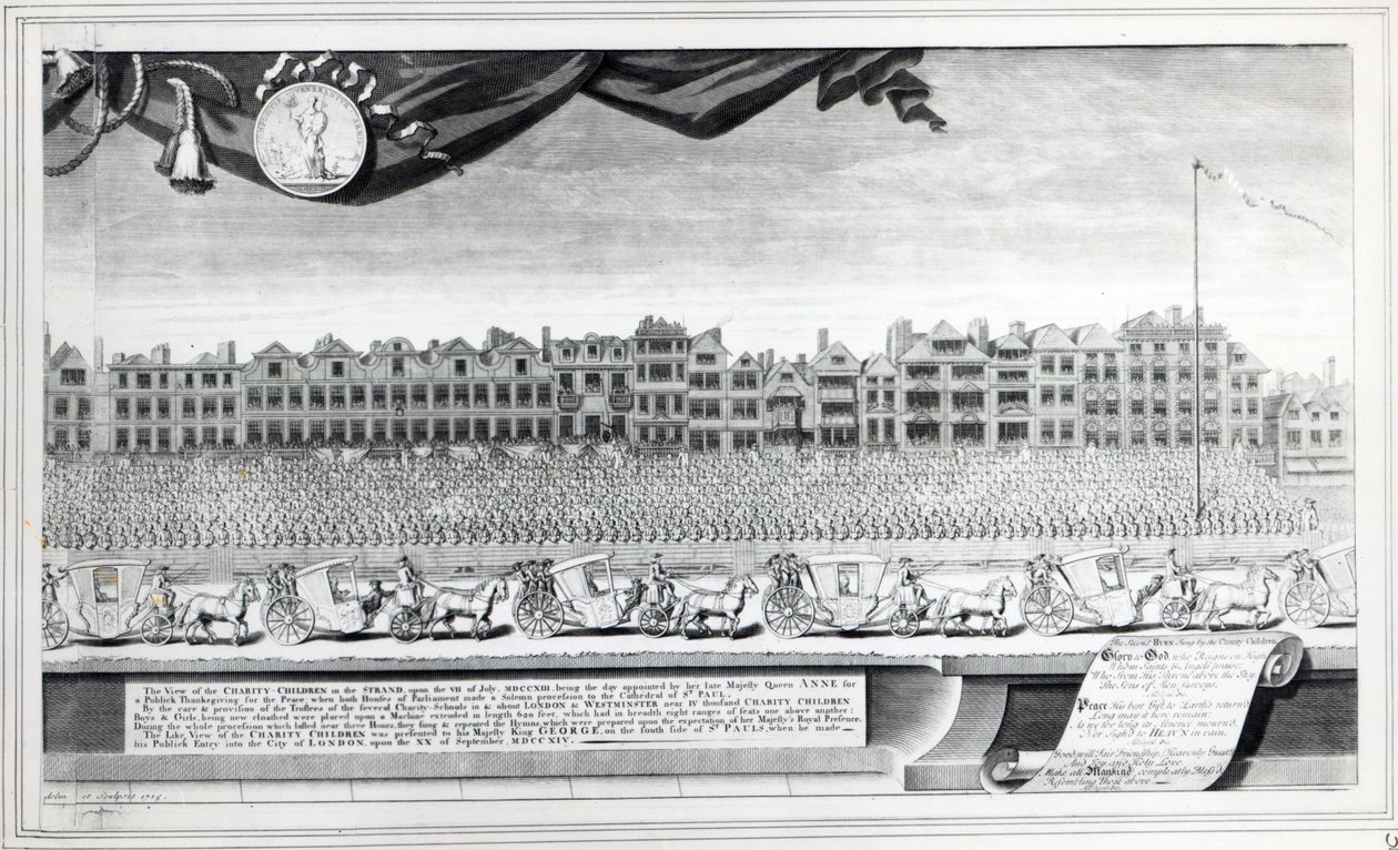 View of the Charity Children in the Strand, 7 juli 1713, tryck gjord 1715 av George Vertue