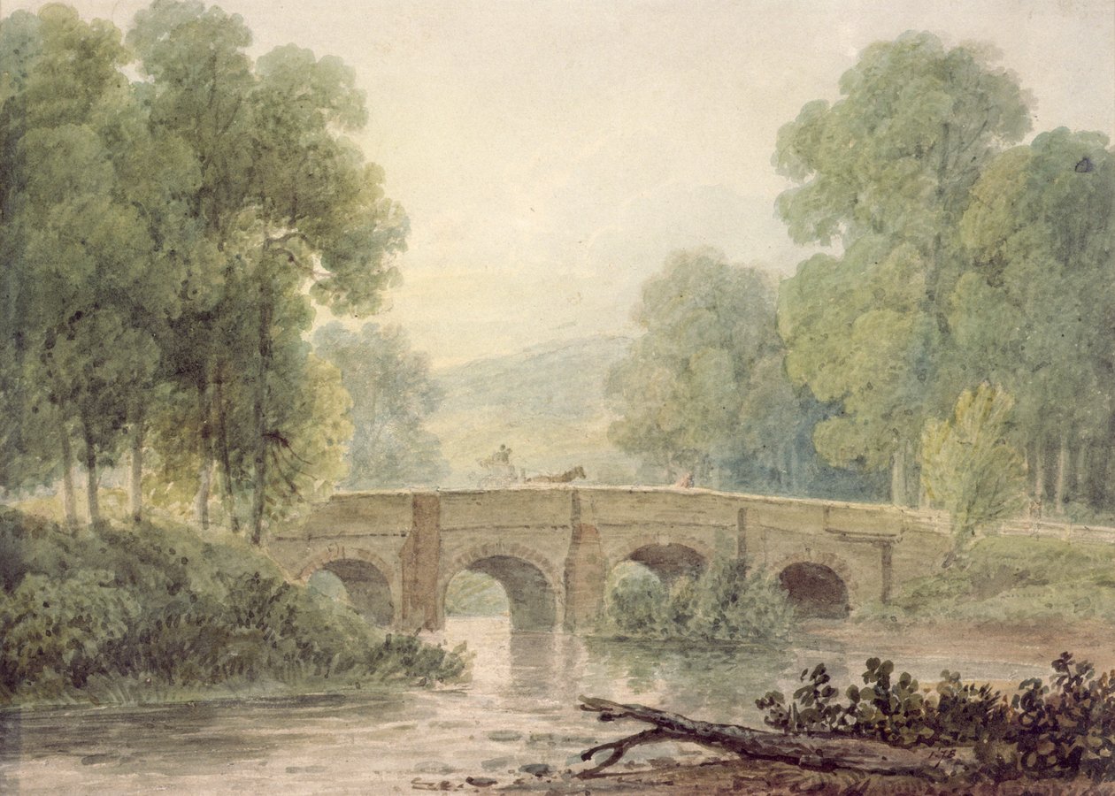 Woody Landscape med en stenbro över en flod (akvarell) av George the Younger Barret