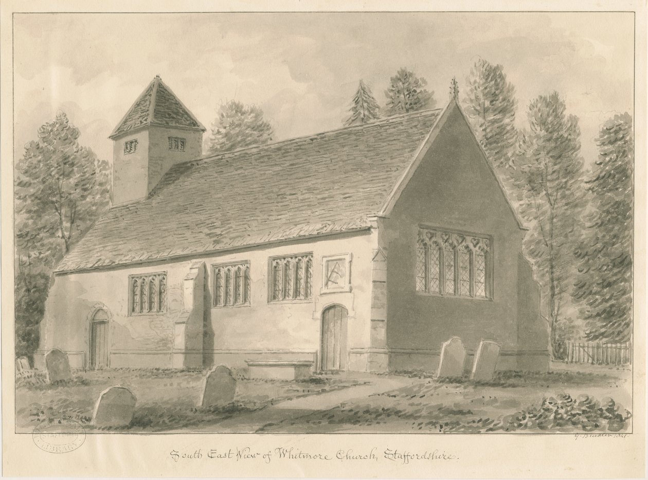 Whitmore Church: sepiateckning, 1841 av George Buckler