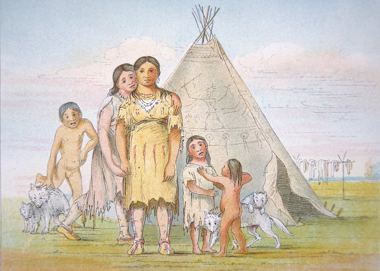 En Comanche-familj utanför sin tipi av George Catlin