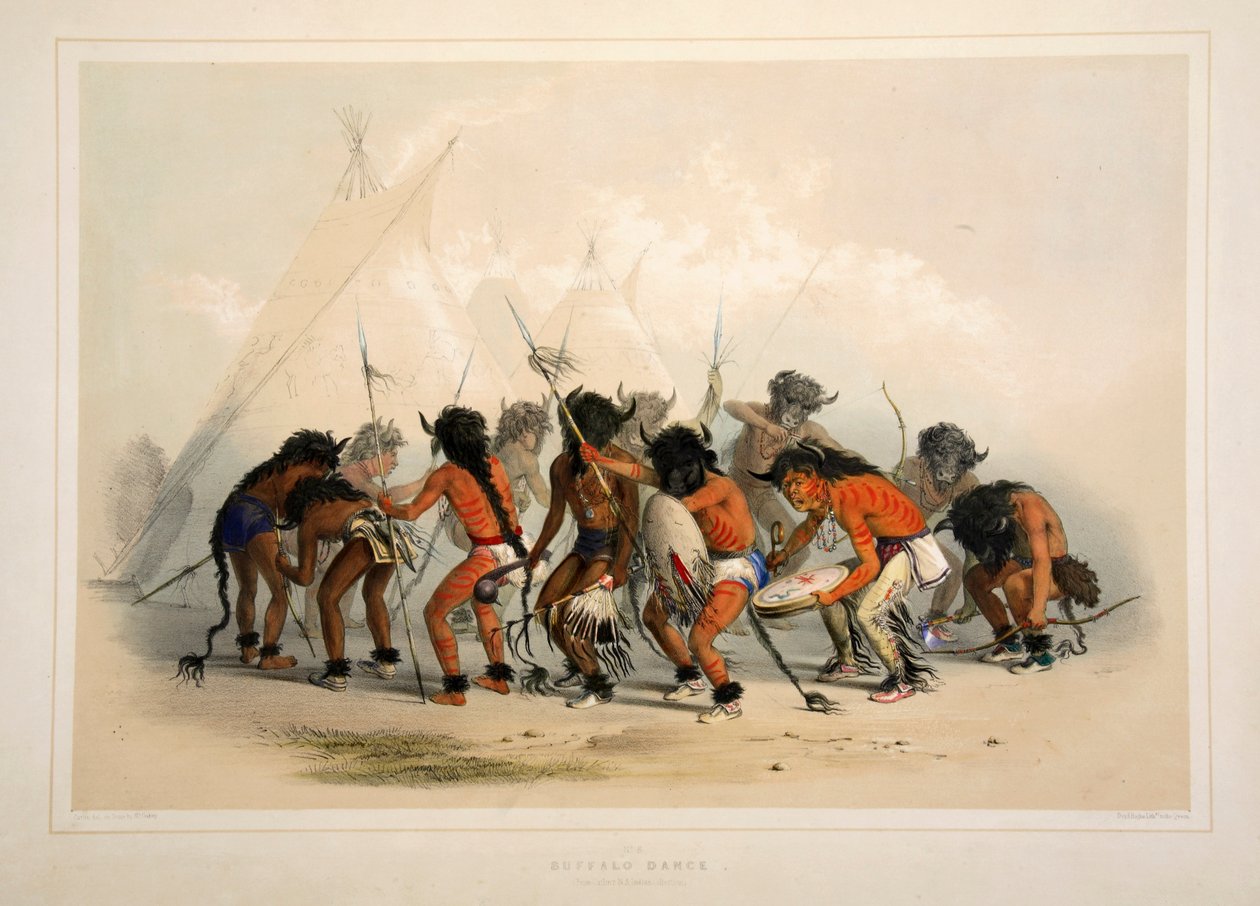 Buffalo Dance, pub. 1845 färglitografi. av George Catlin