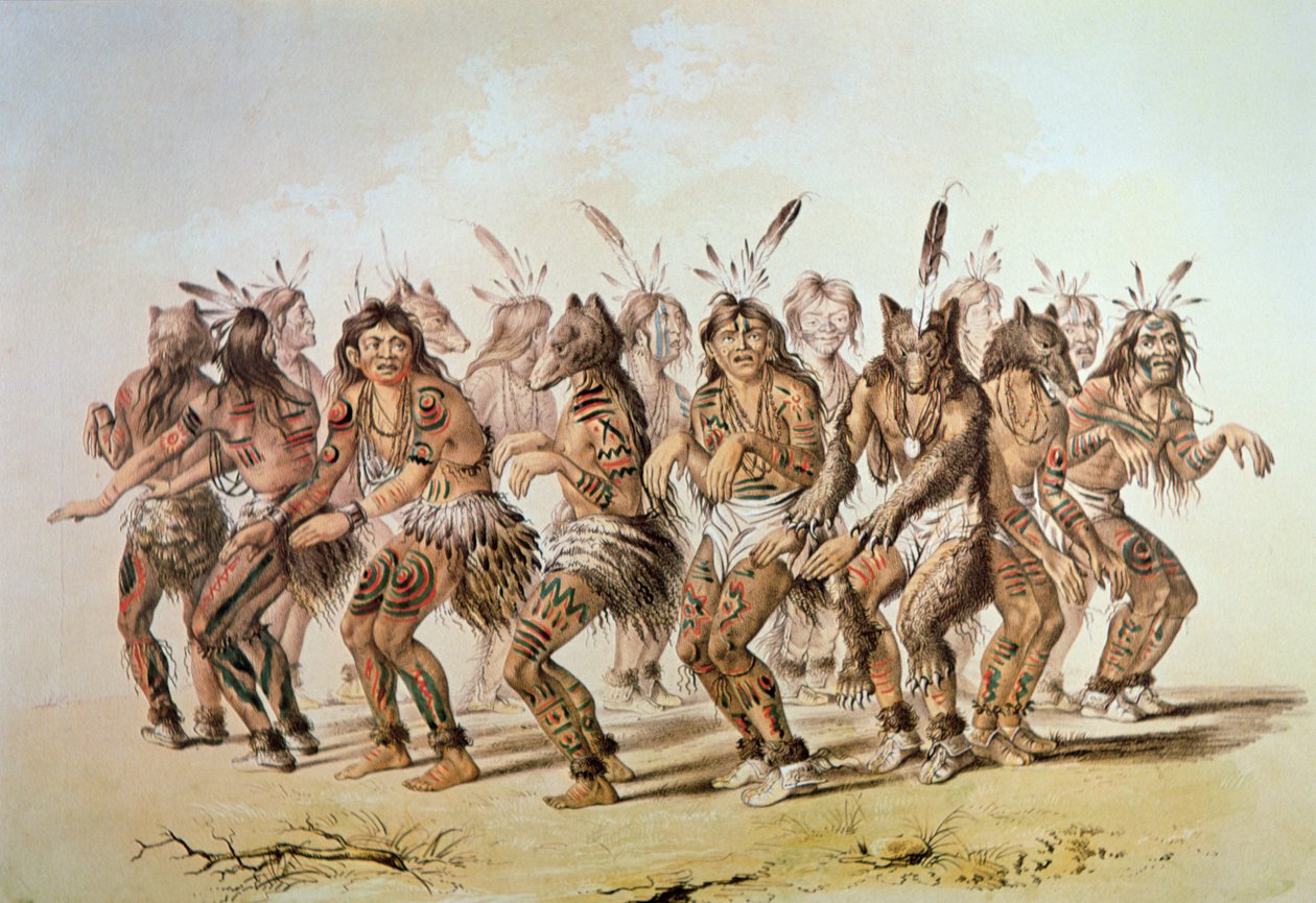 Sioux Bear Dance (färg litho) av George Catlin