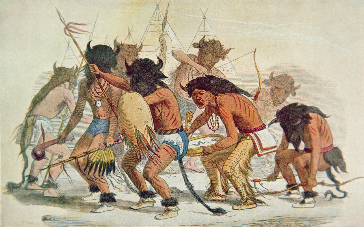 Sioux Buffalo Dance (färg litho) av George Catlin
