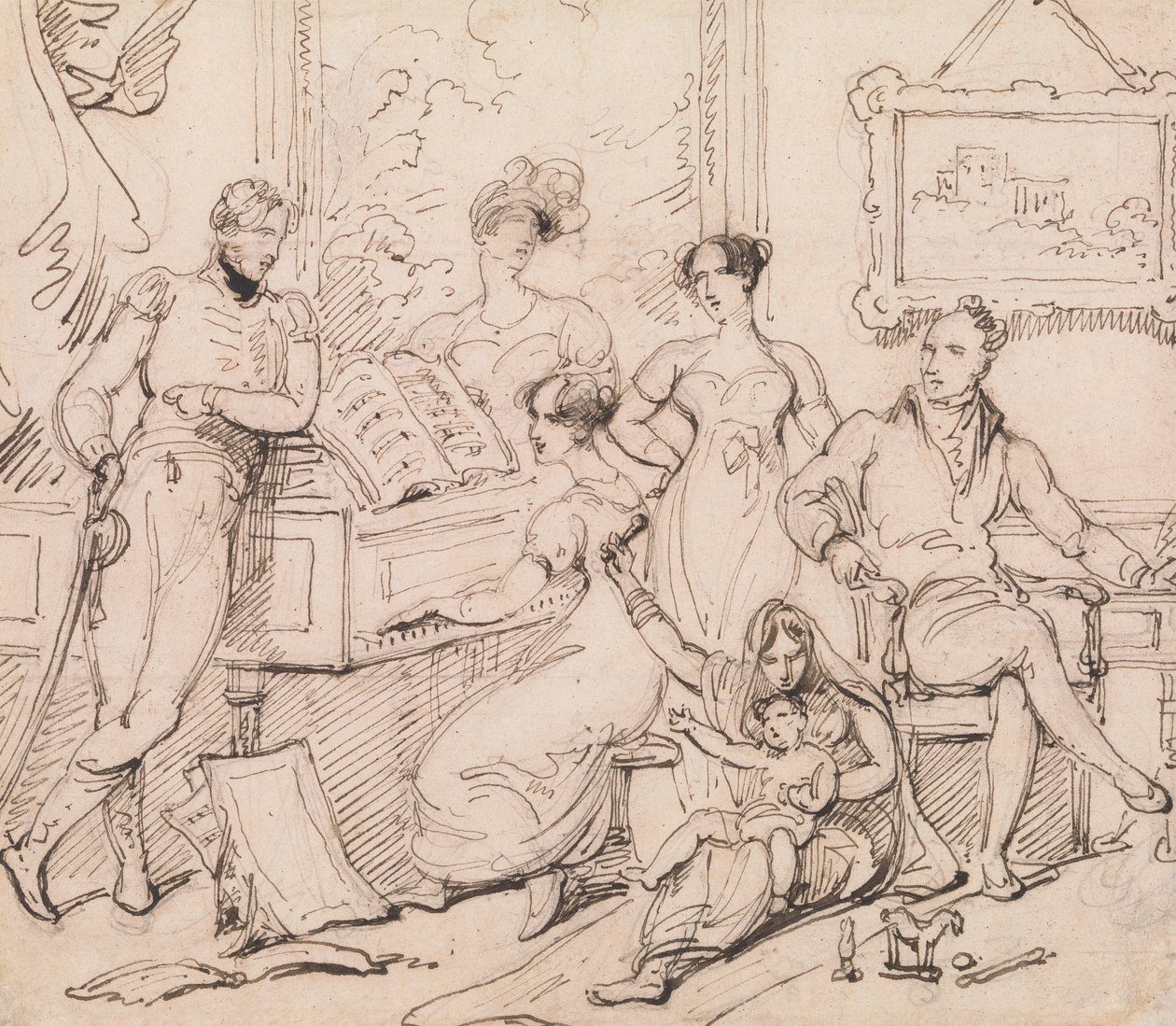 En familjegrupp runt ett piano av George Chinnery