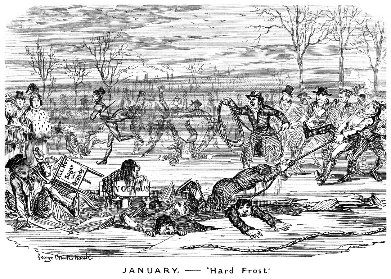 Januari - Hard Frost, 1800-talet. av George Cruikshank