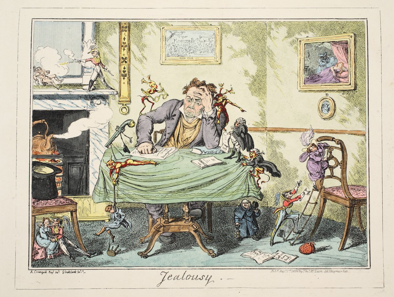 Svartsjuka, pub. 1835 (handfärgad gravyr) av George Cruikshank