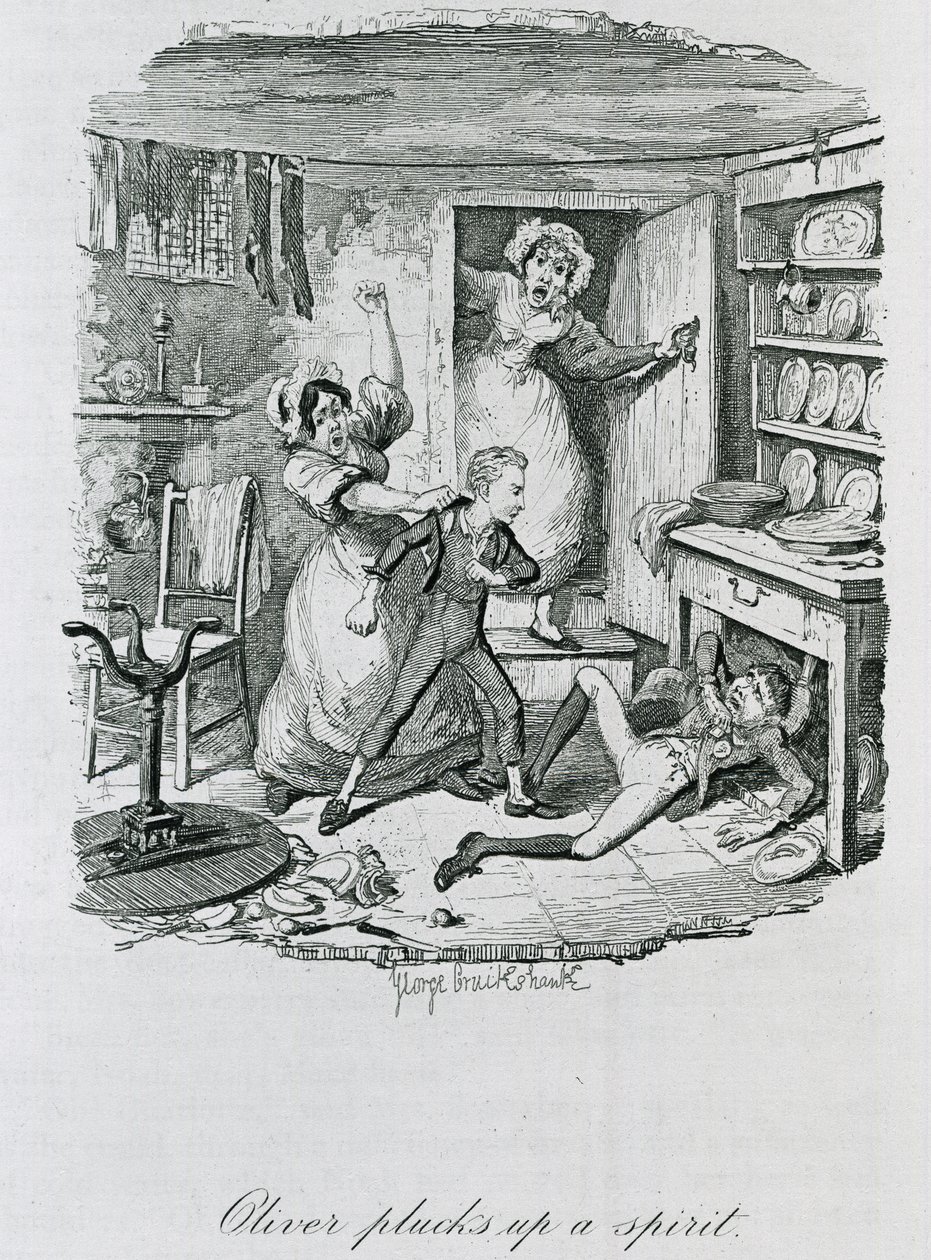 Oliver plockar upp en ande, 1837 av George Cruikshank