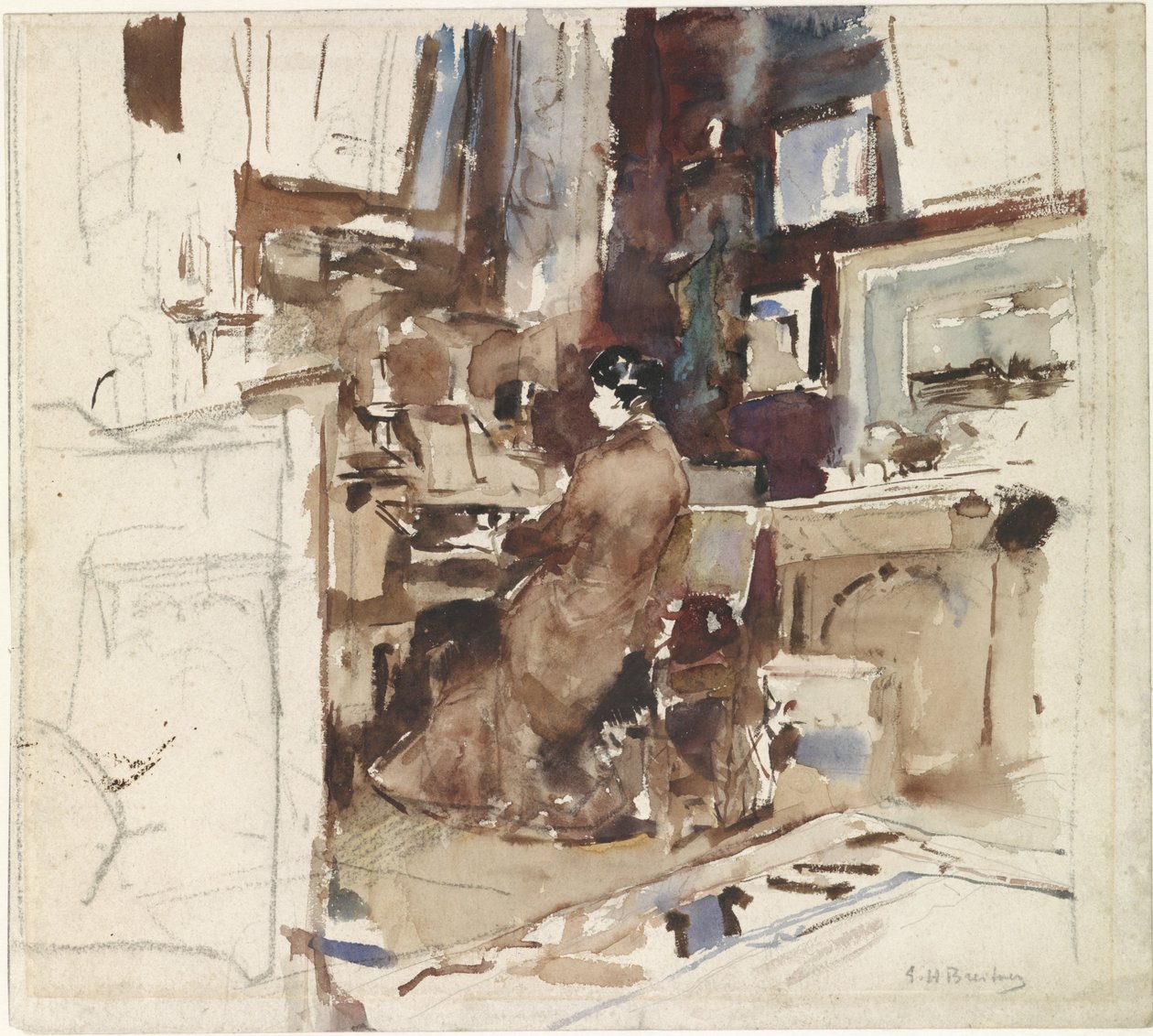 Dam i en studio bakom ett harmonium av George Hendrik Breitner