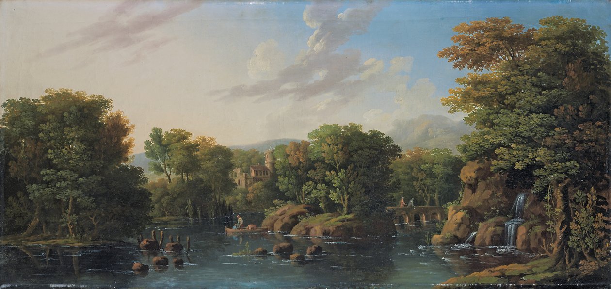 Skogbevuxen flodlandskap av George the Elder Barret