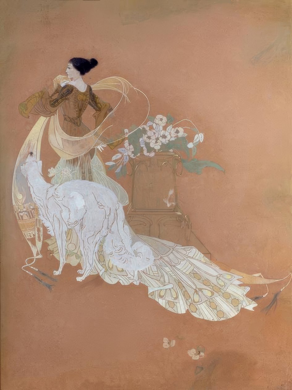 Georges de Feure, Elegant kvinna med borzoi / Gouache av Georges de Feure