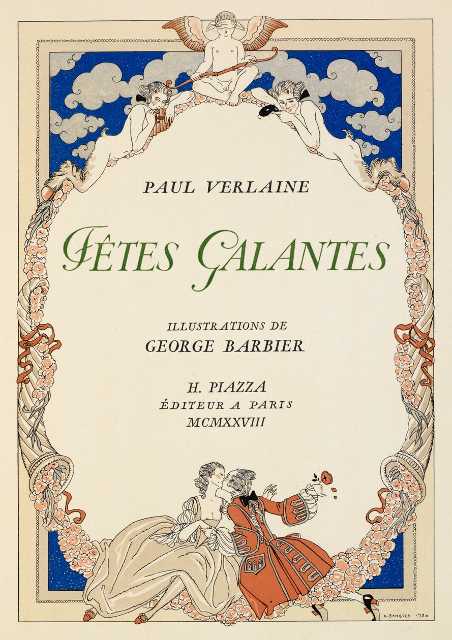 En man och kvinna kysser. av Georges Barbier