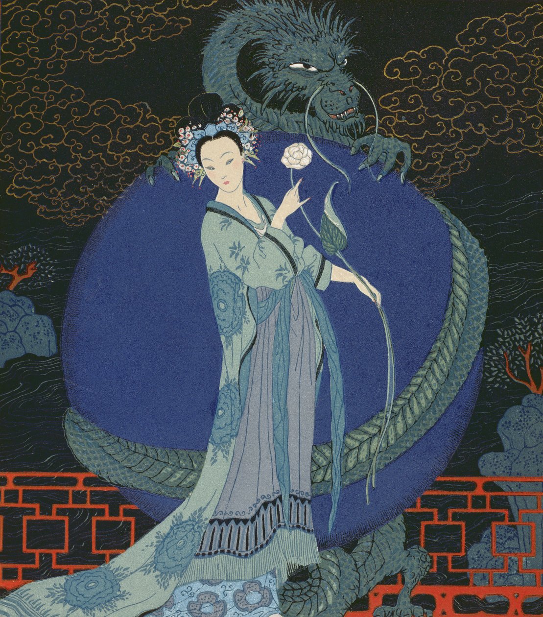 Dam med en drake (färg litho) av Georges Barbier