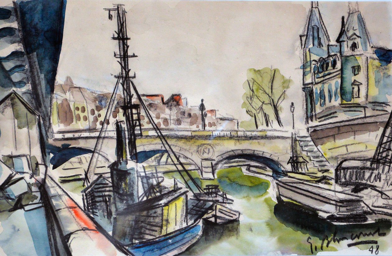 Seine i Paris 1948 (akvarell) av Gerald Bloncourt