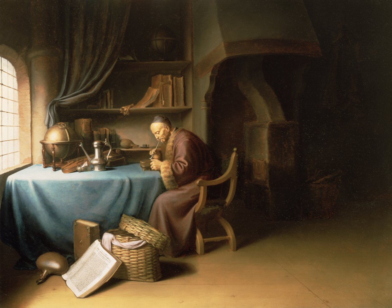 En gammal man tänder sitt rör i en studie av Gerrit Dou