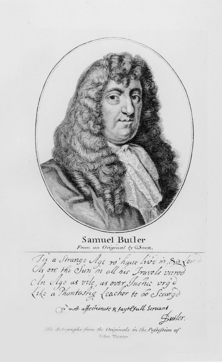 Porträtt av Samuel Butler (1612-80) med ett prov av hans handstil av Gerard Soest