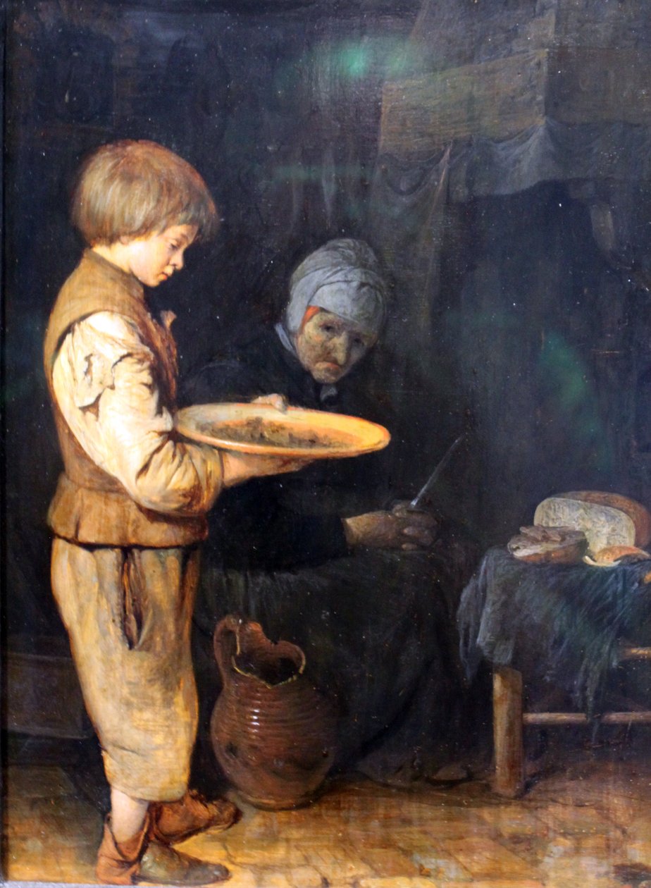 Gammal kvinna och pojke som delar en enkel måltid av Gerard ter Borch