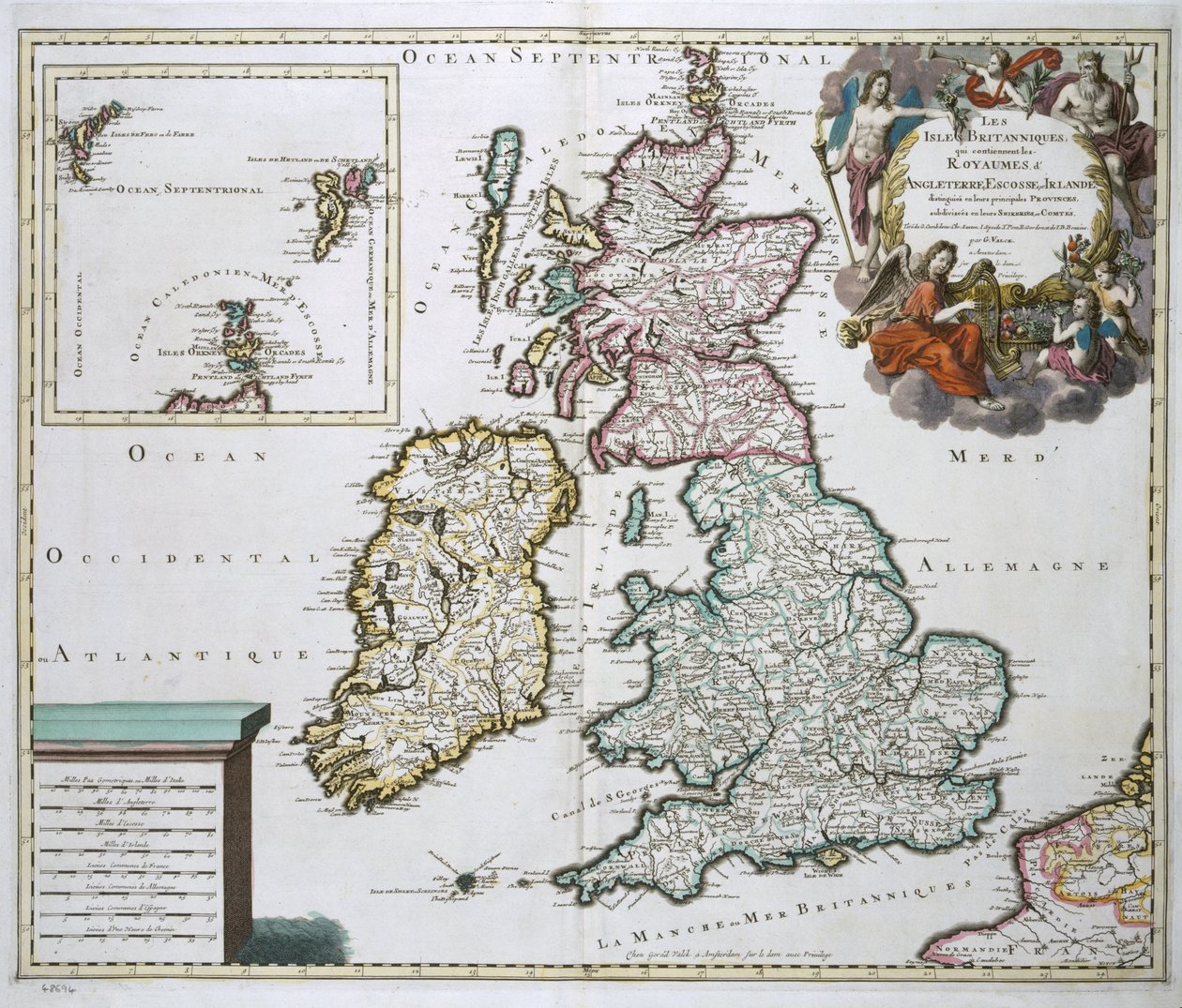 Karta över Storbritannien och Irland (färggravyr) av Gerard Valck
