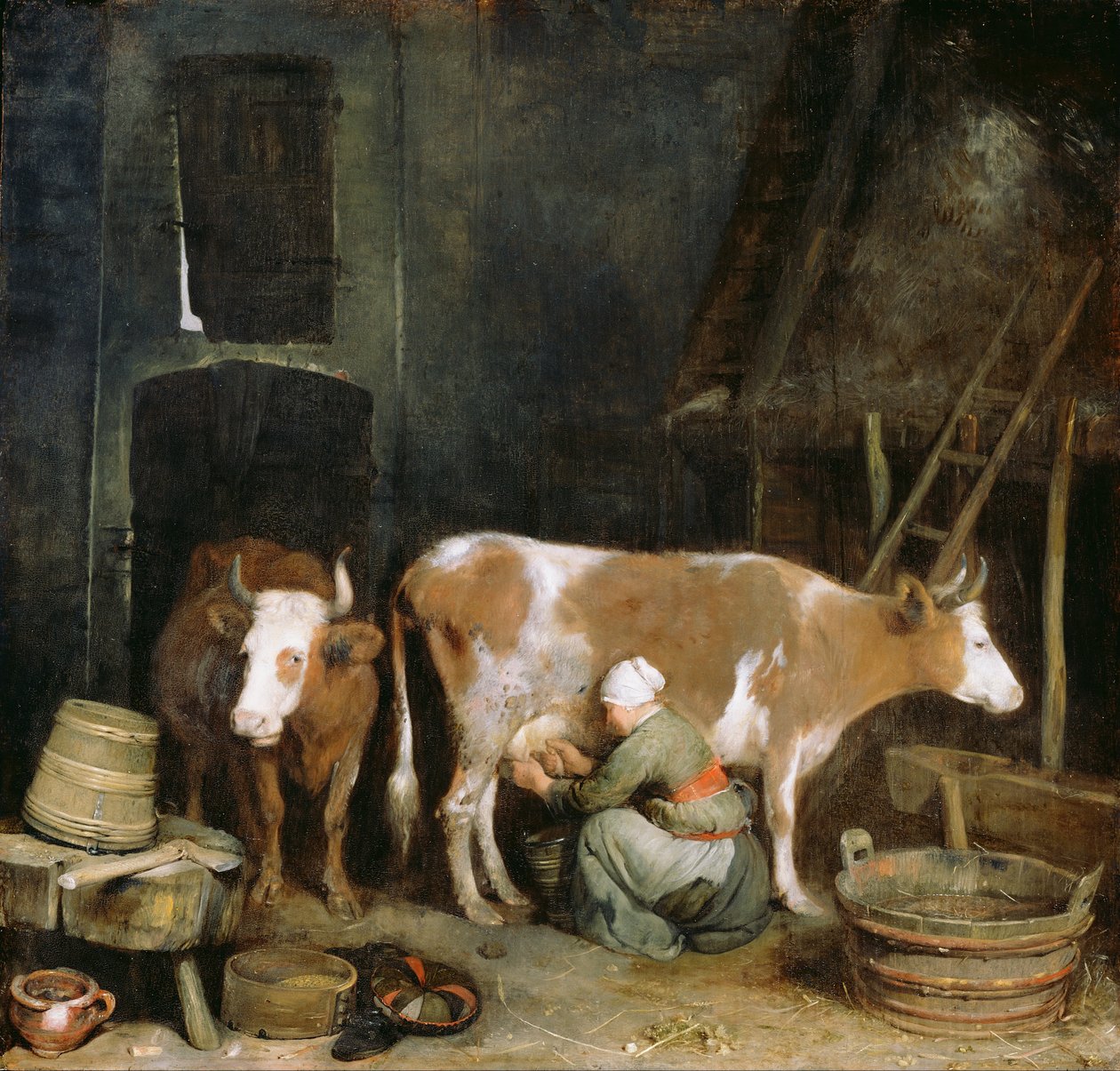 En hembiträde som mjölkar en ko i en ladugård av Gerard ter Borch