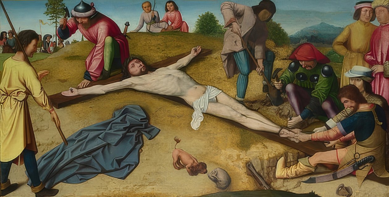Kristus är spikad på korset. omkring 1481 av Gerard David